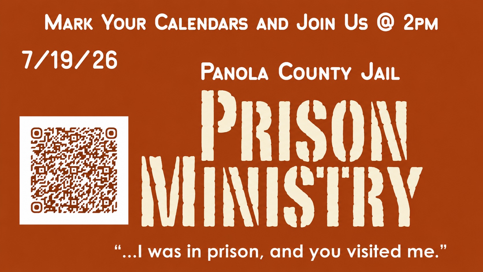 Panola County Jail Prison Ministry schedule and QR code